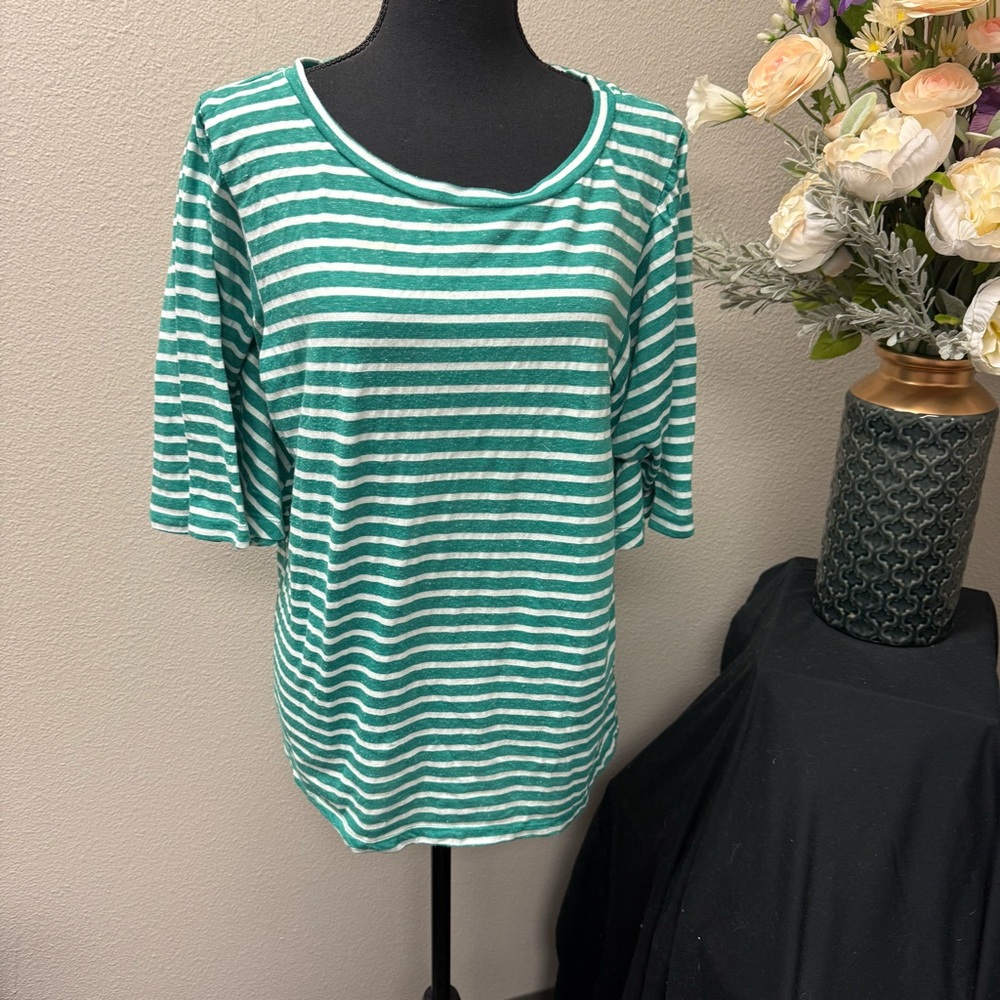 Umgee USA Green White Striped Relaxed Fit Elbow Sleeve Casual Top Womenโs L